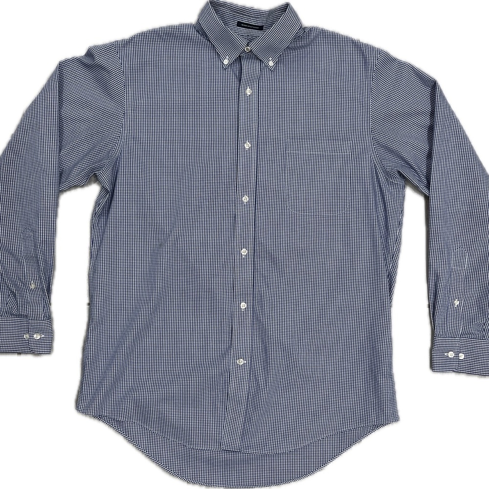 Lands End Men’s Blue / White Checkered Button Down Dress Shirt Cotton Neck 16